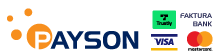 Paysons logo med möjliga betalsatt, kort, faktura och internetbank.