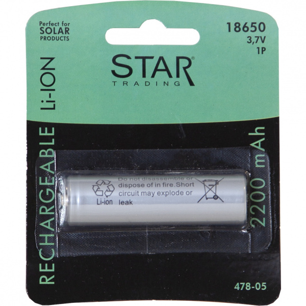 20-00604 Laddbart batteri 18650 3,7V 2200mAh Li-ion Frilagd mot vit bakgrund.