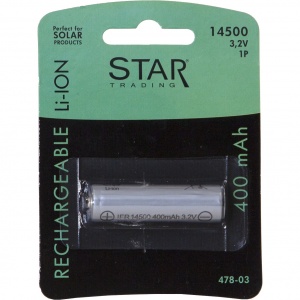 20-00603 Laddbart batteri 14500 3,2V 400mAh Li-ion Frilagd mot vit bakgrund.